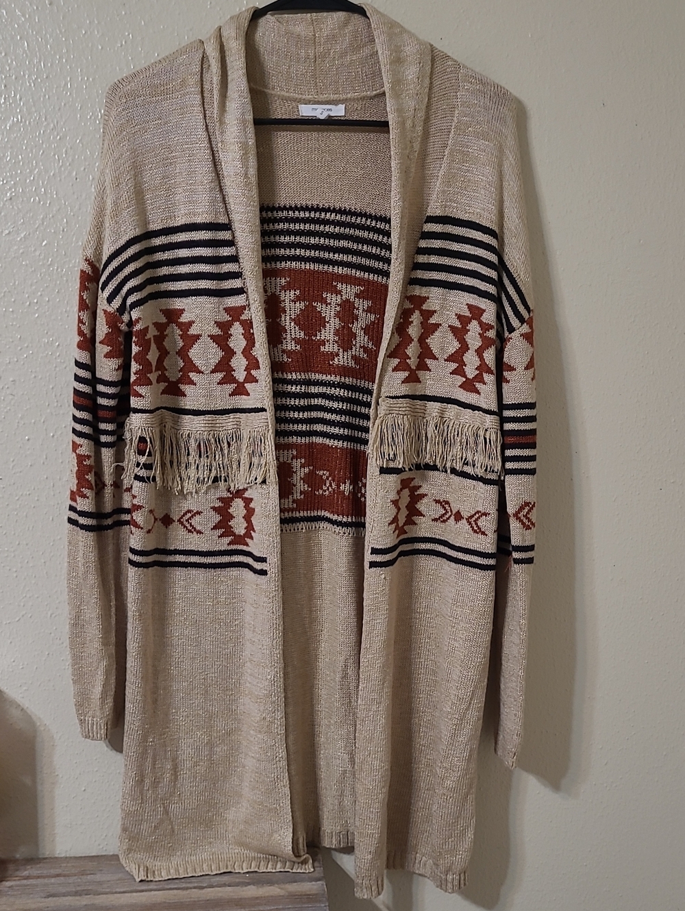Maurices Beige Open-Front Cardigan with Rust and Black Aztec Trim